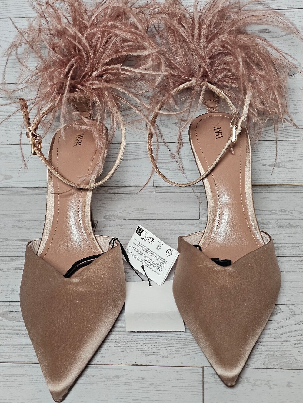 Zara Feather Satin Ankle Strap Pumps NWT Champagne Beige Stiletto Heels Sz 10 EU